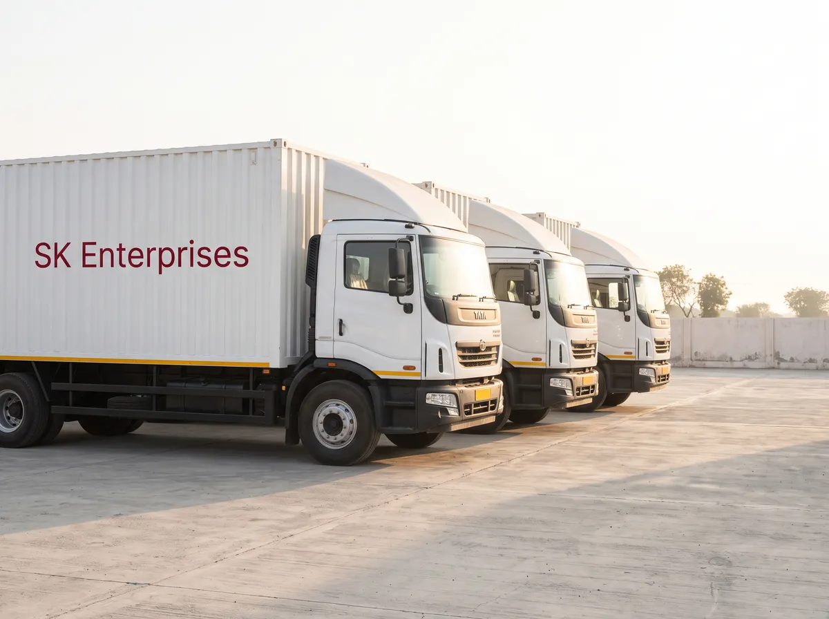 SK Enterprises container truck fleet parked at a transport yard